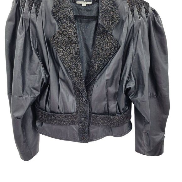 Vintage 80's Jacket Leather Bomber Multimedia Metallic Embossed Suede Black L - Picture 9 of 16